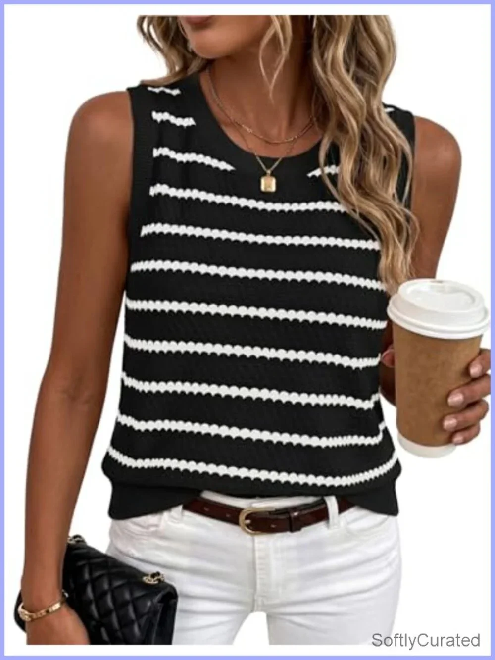 Crochet Striped Sleeveless Sweater Vest Tank Top Knit Lightweight Casual
